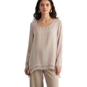 NWT Gold Hawk 100% Silk Tunic Top SZ L Beige Scoop Neck Long Sleeve Lagenlook